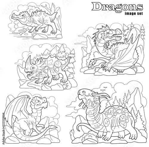 cartoon ancient dragons  coloring book  set of funny images