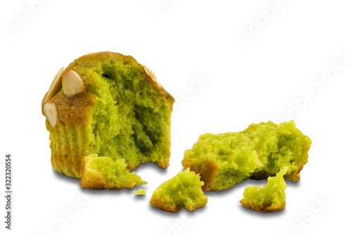 Banana cupcake breaking in many pieces on white background with clipping path.