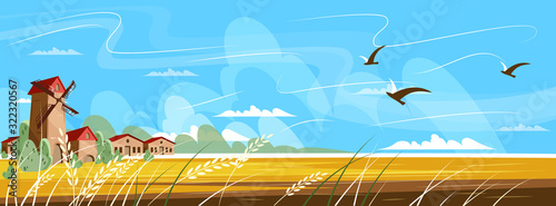 Rural landscape with the image of a mill. Harvesting. Vector illustration.