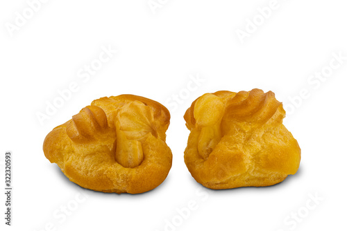 Eclairs design as duck on white background with clipping path.