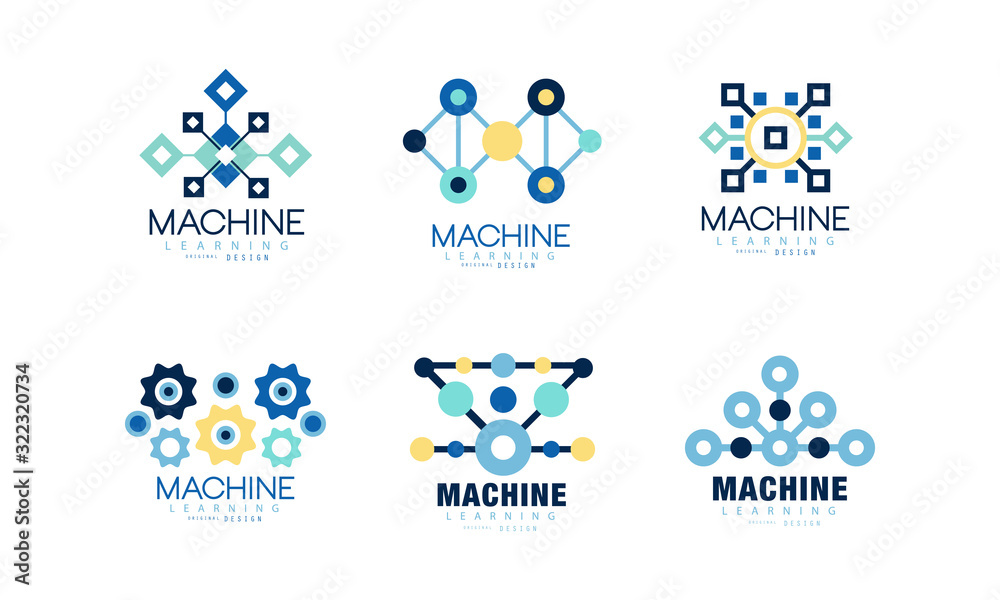 Fototapeta premium Learning Machine Logo Design Collection, Artificial or Human Intelligence, Business Analytics Labels Vector Illustration