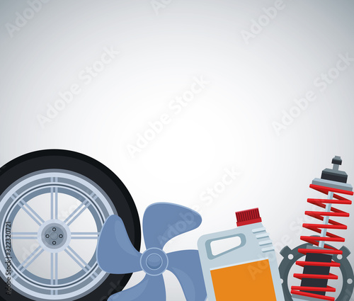 car tire with propeller, oil bottle and shock absorber