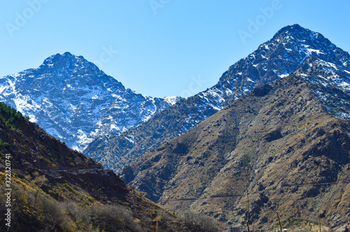 High atlas mountains including mount ain Jabal Toubkal from Imlil and the valley around in Morocco