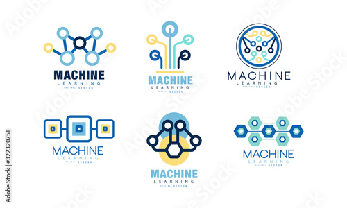 Learning Machine Logo Design Collection, Artificial or Human Intelligence Thinking Process, Business Analytics Labels Vector Illustration