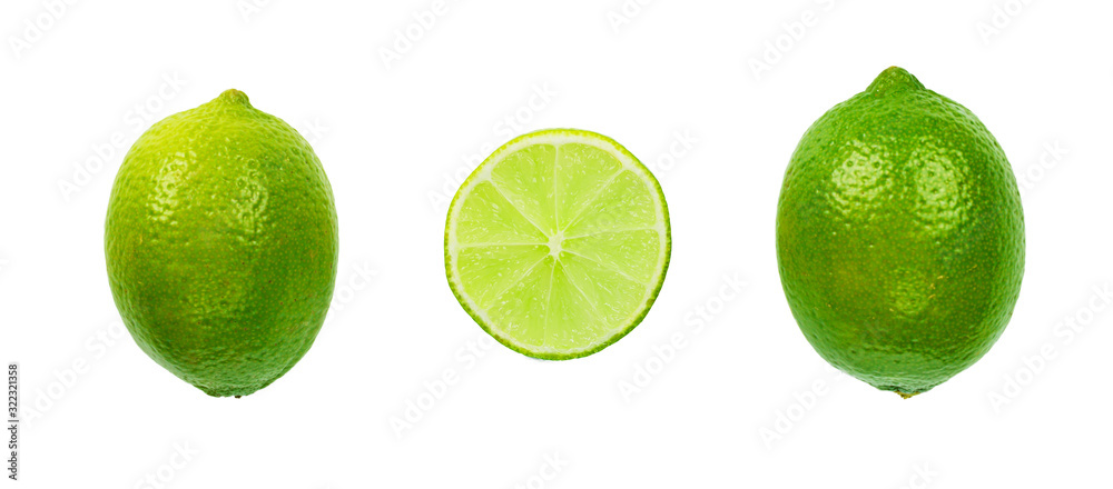 Three pieces of lime isolated on white background