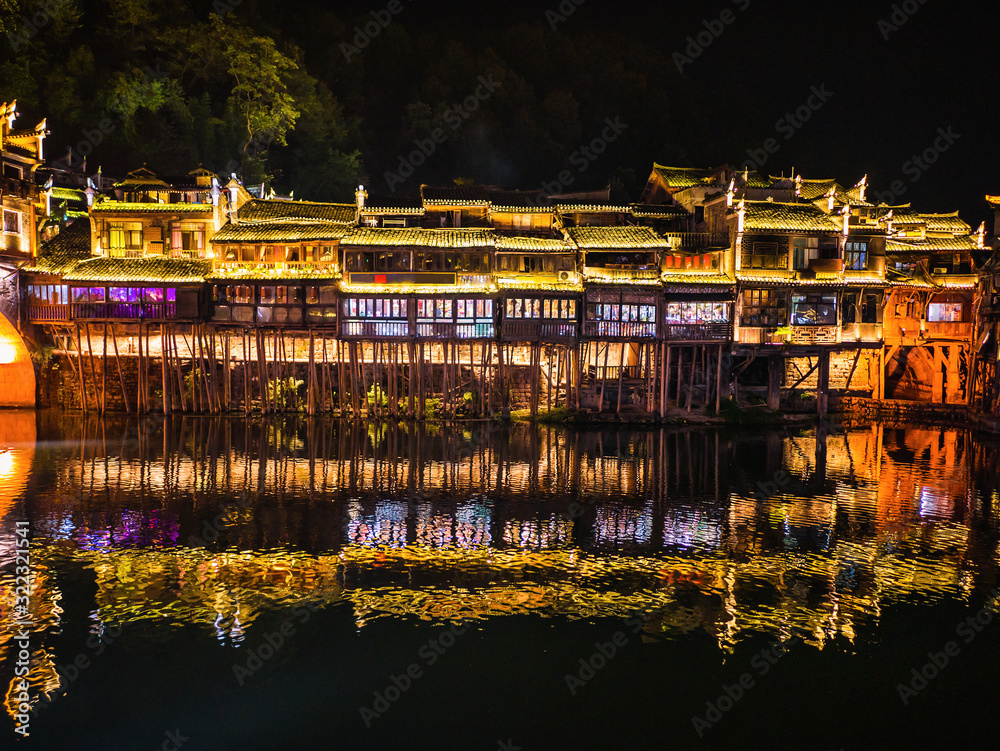 Scenery view in the night of fenghuang old town .phoenix ancient town or Fenghuang County is a county of Hunan Province, China