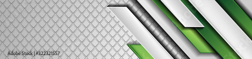 Bright green and grey abstract tech geometric background with glossy stripes. Vector banner design