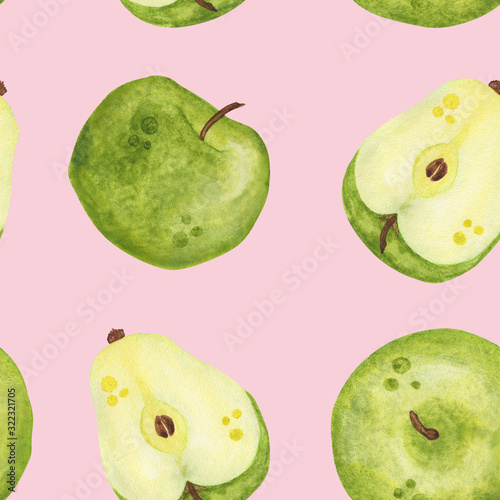pattern of green  watercolor apples