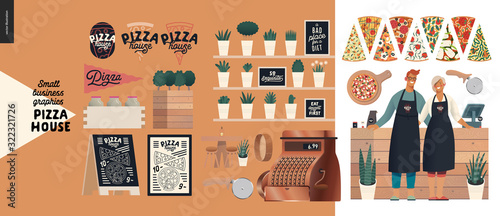 Pizza house -small business graphics -owners. Modern flat vector concept illustrations - man and woman wearing aprons at the wooden counter, interior decoration -blackboard, chalk lettering, plants