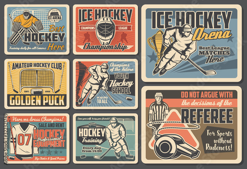 Leinwand Poster Ice hockey vector design of players, sport sticks, pucks and championship trophy cups, team uniform, skates, goalie helmets and masks, gloves, referee whistle and goal gates