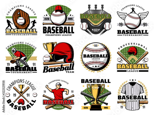 Baseball sport game champion league badges with vector balls, bats and team players. Trophy cups, stadium play fields and catcher glove, pitcher jersey, cap and winner laurel wreath retro icons