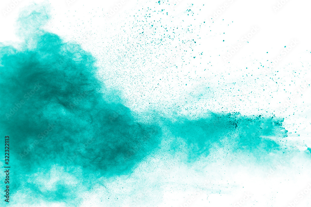 Green color powder explosion cloud on white background. Green dust splash.