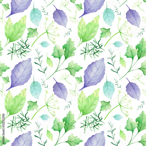 Watercolor pattern with parsley  dill  basil  rosemary  mint leaves.