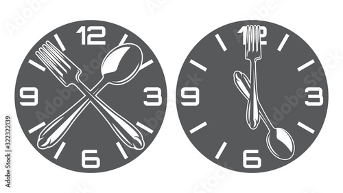 Set of two vector patterns with clock, spoon and fork