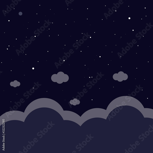 Sky night background with white clouds and stars vector illustration