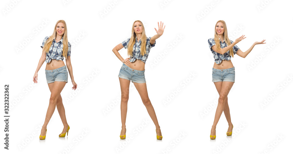 Pretty woman in jeans shorts isolated on white Pretty woman in jeans shorts isolated on white