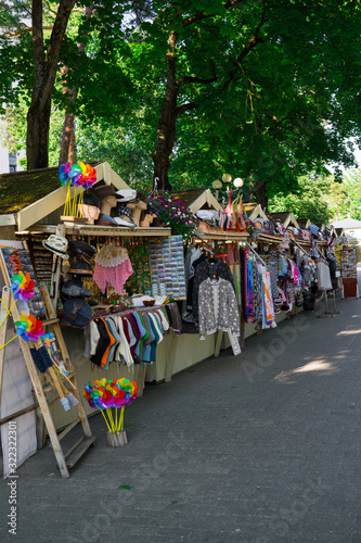 Wooden stalls for selling souvenirs on the street. Jurmala, Latvia. July 2019.