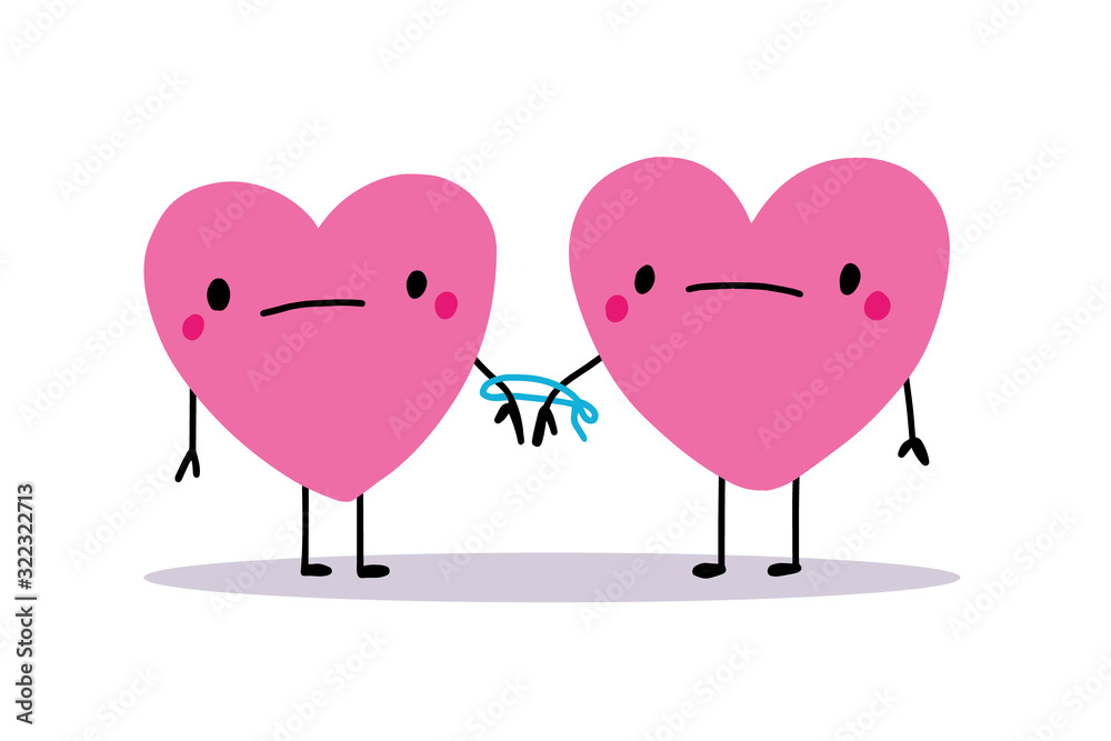 Two characters heart form connected by rope together hand drawn vector illustration in cartoon comic style toxic realtions