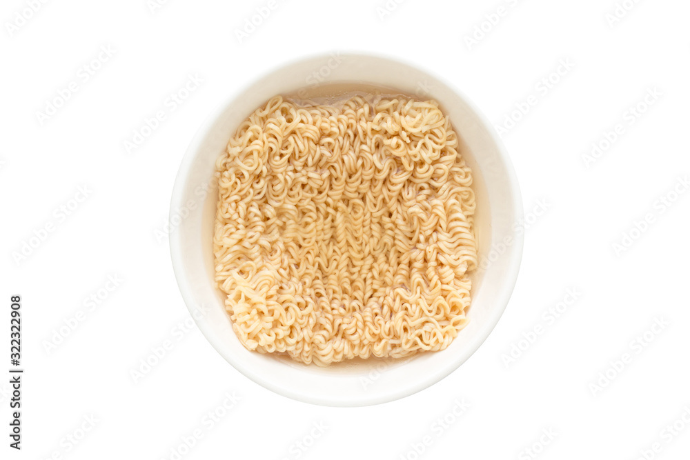 Instant Noodles. Instant Noodles in ceramic bowl top view isolated on white background.