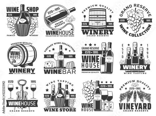 Wine bottle, barrel and grape bunch vector icons of winery and alcohol drinks design. Wine and champagne with glasses, corkscrew and cheese, vineyard grape vines, bottle stand and wicker baskets