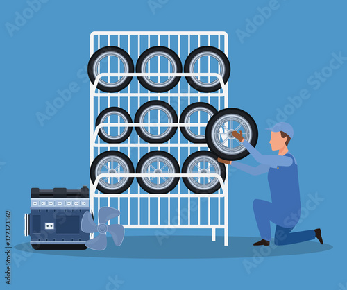 cartoon mechanic holding a car tire and car tires rack and car engine over blue bckground, colorful design