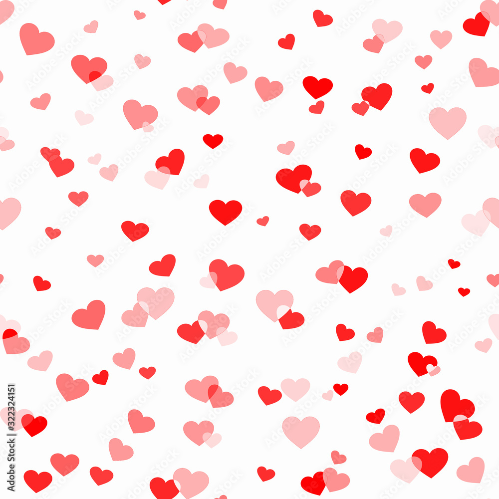 Abstract seamless background with red hearts on white canvas. Festival of random falling and spinning confetti.