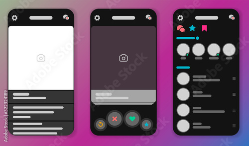 Dating app online mobile profile template. Online dating and social networking concept set. Dating app and virtual relationship. Dark Mode Phone Screens. Vector mock up in a dark theme.