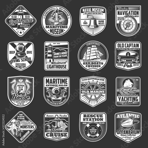 Nautical badges with vector sea ship anchors, ocean sailboats and marine ropes, helm, navigation compass and lighthouse, captain hat, bell and diver helmet, sea turtle and octopus. Maritime emblems