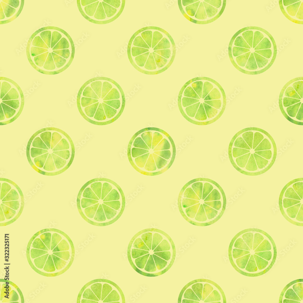 Watercolor sliced ​​limes on lemon background. Seamless pattern. Watercolor illustration.Design for backgrounds, wallpapers, textile, covers and packaging.