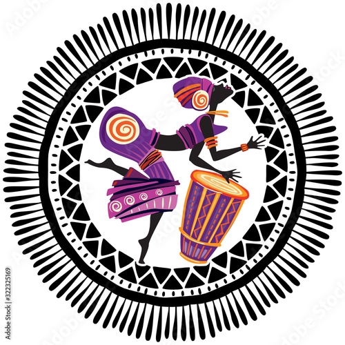 African woman in ethnic dress playing the drum