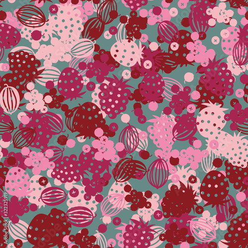 Pink summertime berries seamless vector pattern on a teal background. Scattered strawberry raspberry gooseberry and currant fruit. Surface print design in juicy colors.