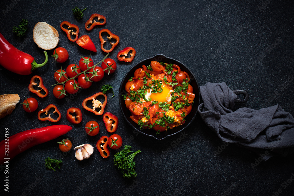 Shakshouka eggs poached in a sauce of tomatoes, vegetables, spices and herbs in iron pan. Bread, tomatoes, red peppers, garlic, parsley. Traditional breakfast. Black background, top view, copy space