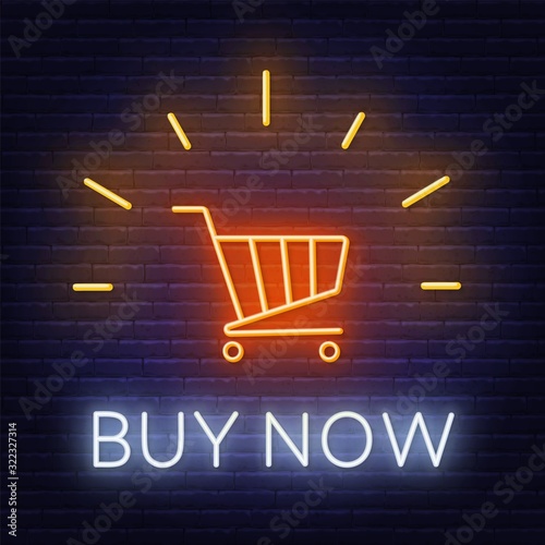 Buy now neon sign on dark background. Vector illustration.