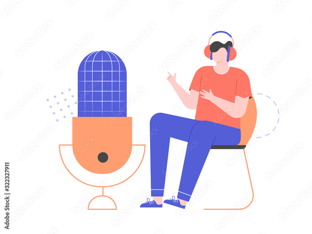 Record podcast, radio broadcast, tutorial audio. A man sits and makes a speech in a large microphone. Vector flat illustration.