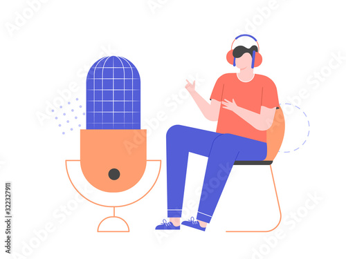 Record podcast, radio broadcast, tutorial audio. A man sits and makes a speech in a large microphone. Vector flat illustration.