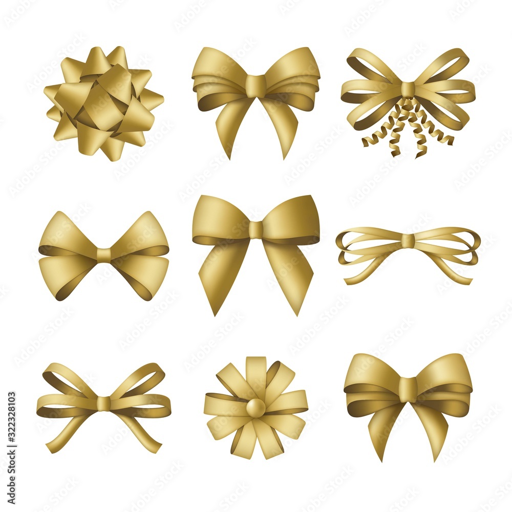 Collection of decorative golden bows. Gift box wrapping and holiday decoration