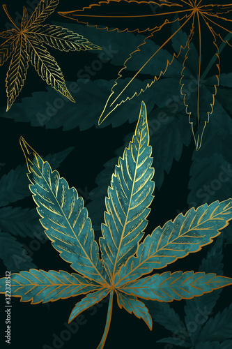 Beautiful pattern of gold turquoise cannabis leaves. Pattern of turquoise or green marijuana leaf on black background. Modern illustration in vintage hand draw style.
