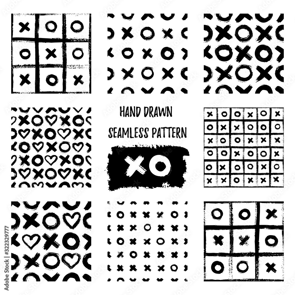 Set of XOXO seamless patterns. Vector Abstract backgrounds with ink brush strokes. Monochrome Scandinavian hand drawn print. Grunge texture with simbols of zero, cross and heart. - obrazy, fototapety, plakaty 