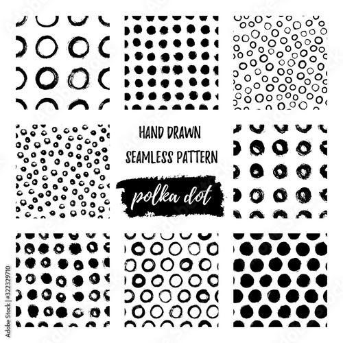 Set of Seamless polka dot pattern hand drawn with a brush. Vector Monochrome Grunge texture of circles. Scandinavian background in a simple style for printing on textiles, Wallpaper, print on t-shirts