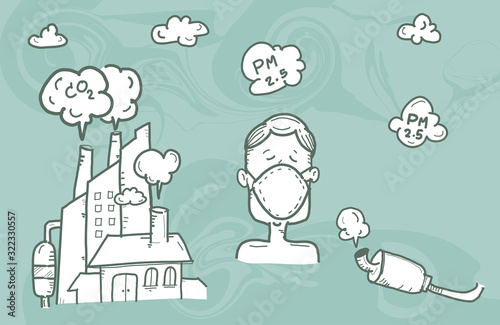 Illustration man wearing mask against smog.,air pollution, industrial smog protection concept flat style design vector illustration.,hand drawn style vector doodle design illustrations.