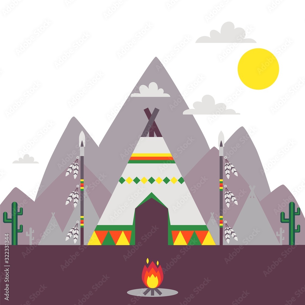 Native American indian tent, traditional teepee vector illustration. Simple landscape with mountains and ethnic American indian tribe village camp. Wigwam tent outdoors, spears with feathers, campfire
