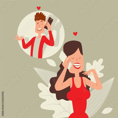 Romantic phone conversation in distant relationship vector illustration. Boyfriend and girlfriend talking on phone, man and woman cartoon characters. Couple in distant relationship, girl calling lover