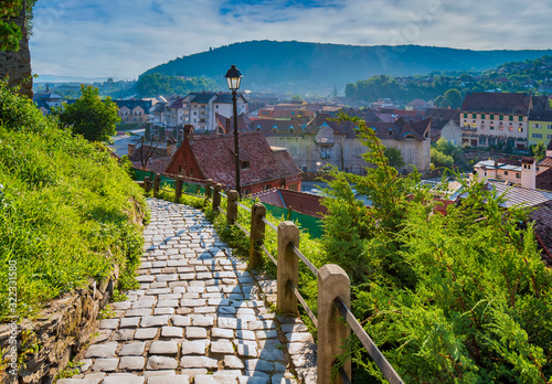 Stone paved alley on hillside of medieval fortified city of Sighisoara, Transylvania region, Romania photo