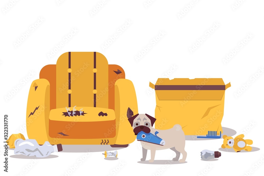 Dog alone at home destroys room furniture vector illustration. Naughty  puppy causes mess in apartment, torn armchair, broken items on floor. Dog  pet indoor, animal bad behavior, cartoon style design Stock Vector |