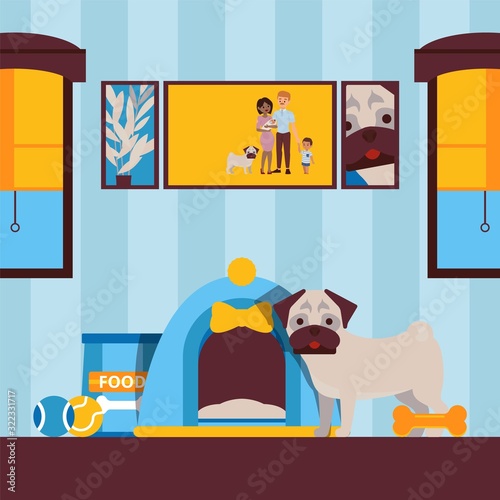 Cute dog in house, animal pet in apartment vector illustration. Flat style room interior design, indoor doghouse and pet accessories. Picture of happy family, dog owners. Cute puppy cartoon character