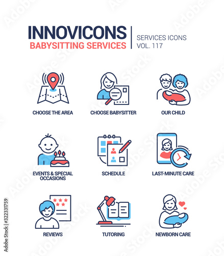 Babysitting services - vector line design style icons set