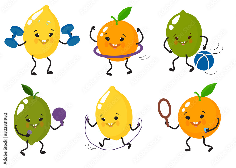 Lemon, Orange, Lime. A set of cute, attractive, funny characters involved in sports, kettlebells, hoop, jump rope, tennis Lemon, Orange, Lime. A set of cute, attractive, funny characters involved in sports, kettlebells, hoop, jump rope, tennis