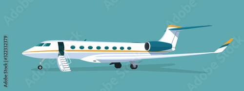 Business jet with an open passenger door and a ramp isolated. Vector flat style illustration.