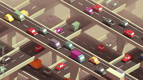 Seamlessy loopable animation of a highway world. Great to illustrate air pollution due to car traffic or urbanization. Isometric low-poly style. Color version.