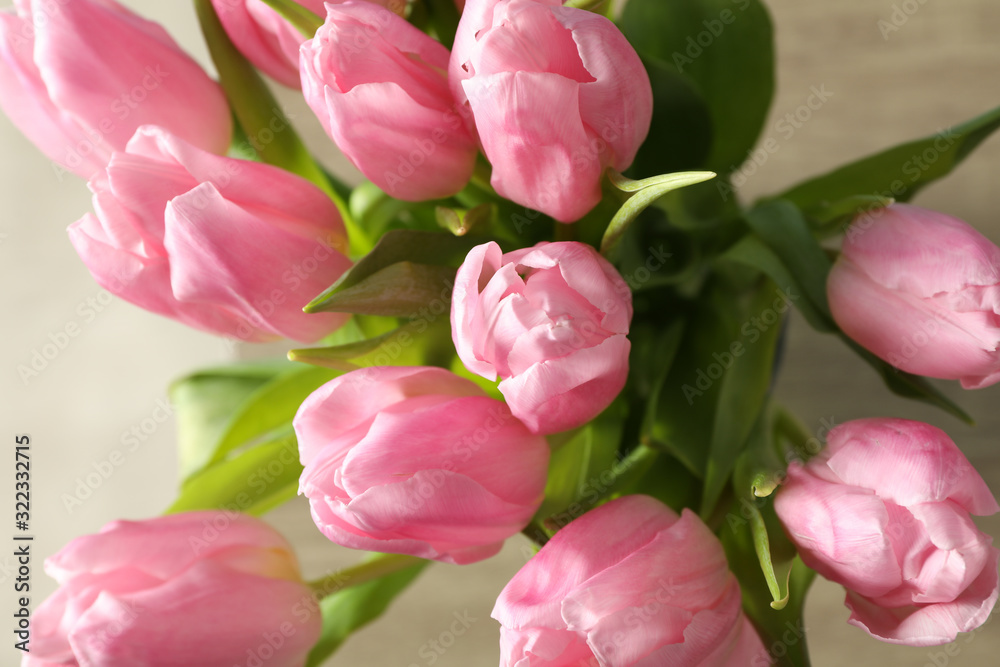 Beautiful pink tulips with green leaves, close up Beautiful pink tulips with green leaves, close up